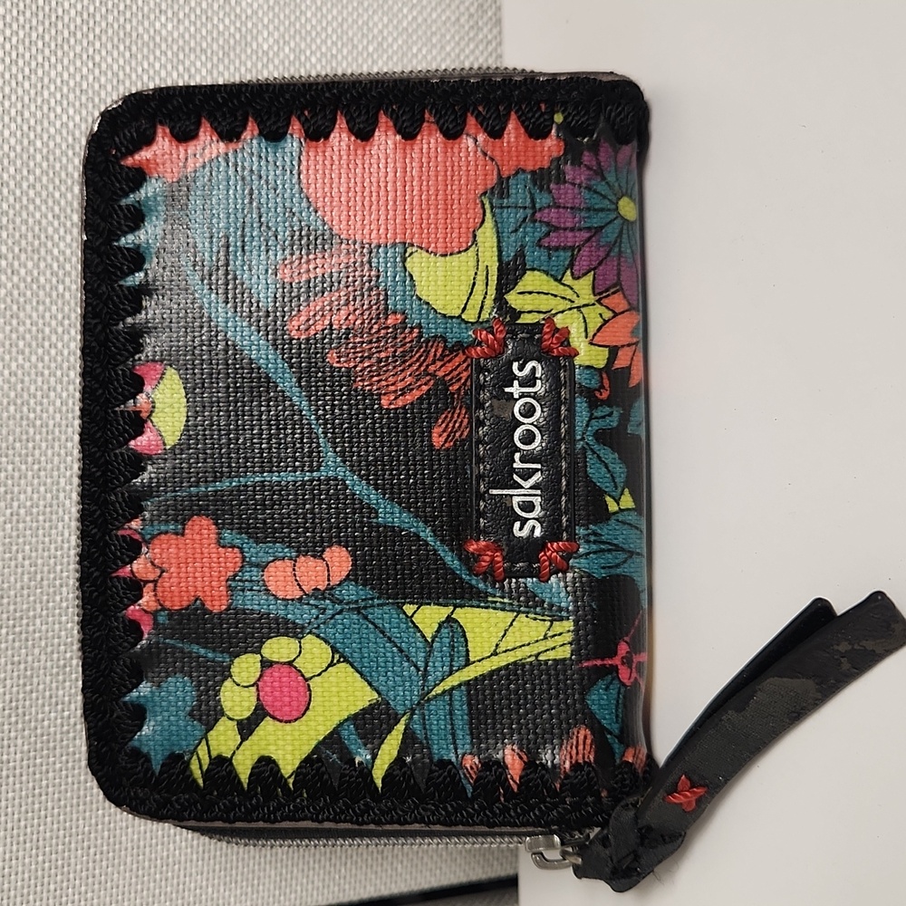 Sakroots Coated Canvas Zip Around Wallet Black Floral Stitched